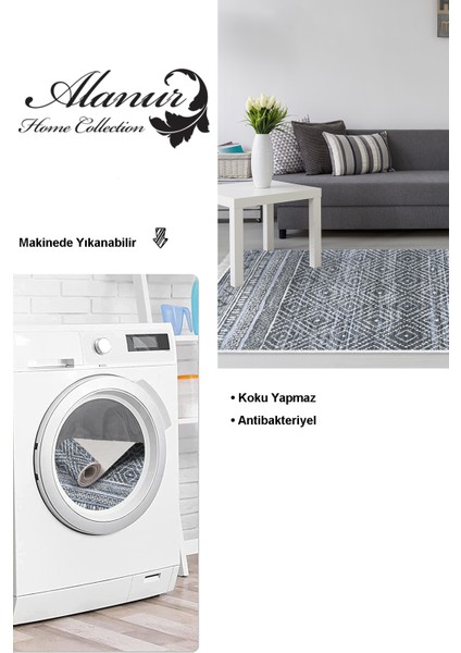 Dijital Salon Halısı Trend Keçe Kaymaz Taban Saçaklı Iskandinav Liz Mavi