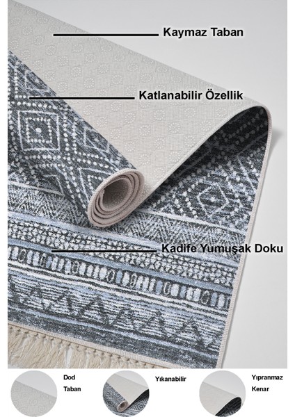 Dijital Salon Halısı Trend Keçe Kaymaz Taban Saçaklı Iskandinav Liz Mavi