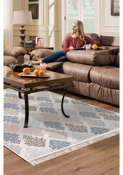 Dijital Salon Halısı Star Pamuk Kaymaz Taban Saçaklı Modern Kye Bej