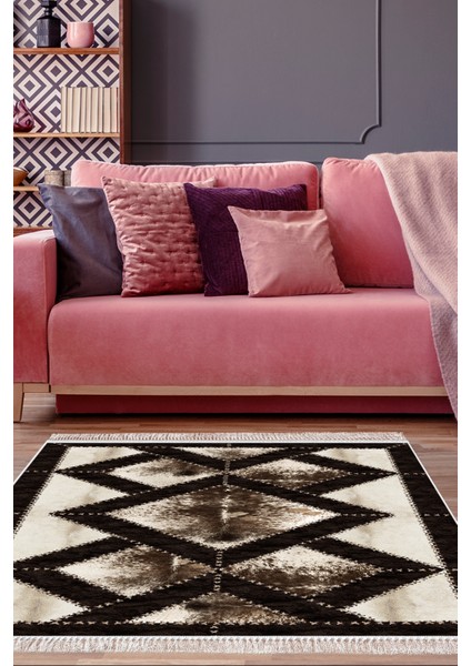 Dijital Salon Halısı Yıldız Deri Kaymaz Taban Saçaklı Modern Posy Kahve