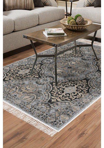 Dijital Salon Halısı Trend Keçe Kaymaz Taban Saçaklı Modern Osana Bej