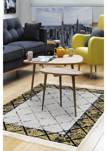 Dijital Salon Halısı Trend Keçe Kaymaz Taban Saçaklı Modern Doreen Sarı
