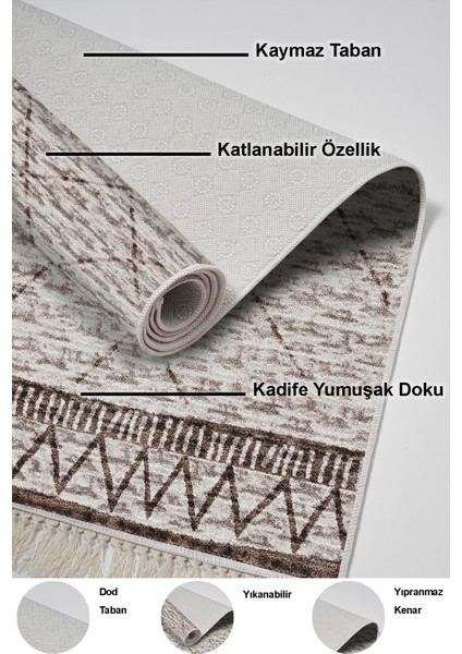 Dijital Salon Halısı Trend Keçe Kaymaz Taban Saçaklı Iskandinav Farah Kahve