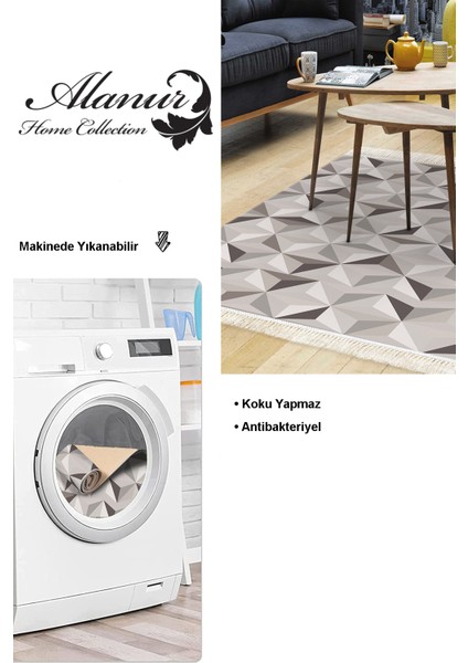 Dijital Salon Halısı Yıldız Deri Kaymaz Taban Saçaklı Modern Elyta Bej