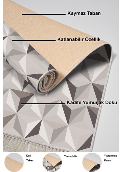 Dijital Salon Halısı Yıldız Deri Kaymaz Taban Saçaklı Modern Elyta Bej