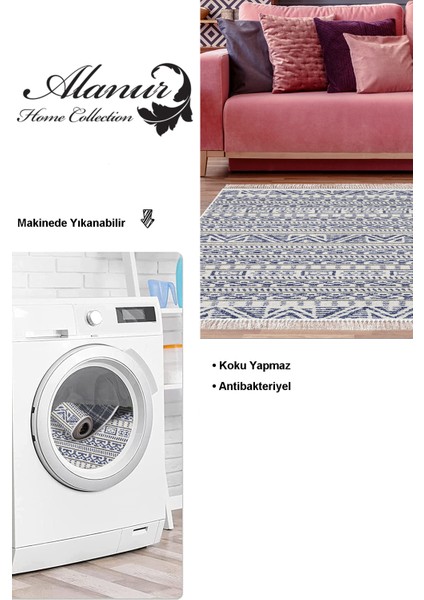 Dijital Salon Halısı Star Pamuk Kaymaz Taban Saçaklı Iskandinav Adelia Mavi modelleri