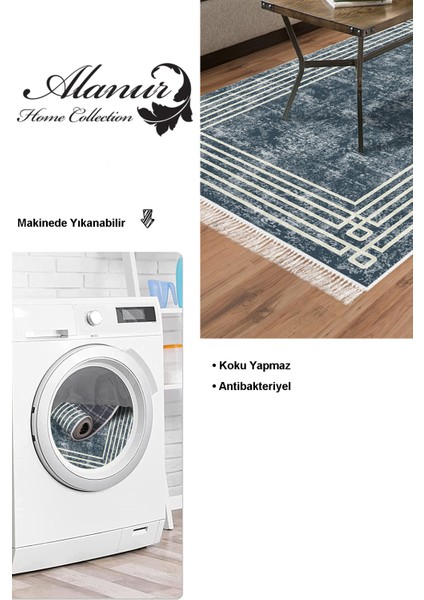 Dijital Salon Halısı Star Pamuk Kaymaz Taban Saçaklı Modern Shelbi Mavi modelleri