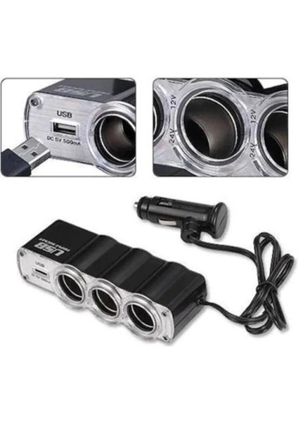 3 Port + 1 USB Oto Araç Çakmaklık Çoğaltıcı Çoklayıcı