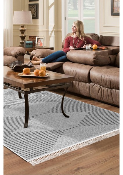 Dijital Salon Halısı Yıldız Deri Kaymaz Taban Saçaklı Iskandinav Kay Gri