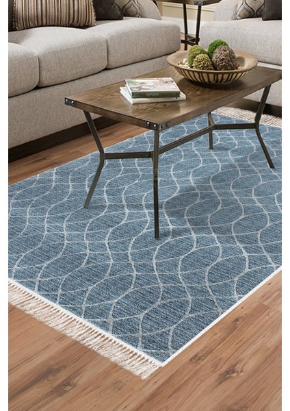 Dijital Salon Halısı Yıldız Deri Kaymaz Taban Saçaklı Iskandinav Celestine Lacivert