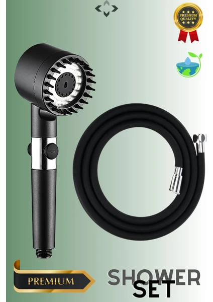 Black Shower Set Basınçlı Filtreli 3 Kademeli Turbo Duş Başlığı 150 cm Duş Hortumu Kendinden Yapışkanlı Mafsal Masajlı Duş Seti