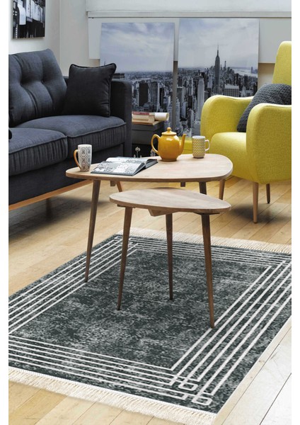 Dijital Salon Halısı Star Pamuk Kaymaz Taban Saçaklı Modern Shelbi Gri