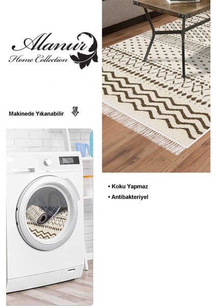 Dijital Salon Halısı Star Pamuk Kaymaz Taban Saçaklı Iskandinav Cade Kahve