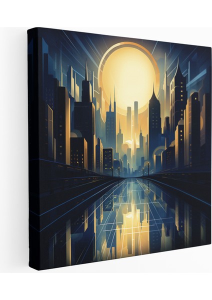 Moonlit Metropolis Tuval Baskısı Art Deco Tarzı Illüstrasyon, Fütüristik Şehir Manzarası, Şık Binalar, Ay Işığı, Tuval Baskısı, Duvar Sanatı