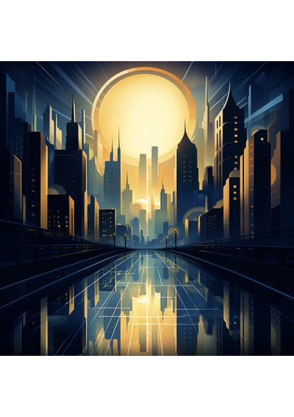Moonlit Metropolis Tuval Baskısı Art Deco Tarzı Illüstrasyon, Fütüristik Şehir Manzarası, Şık Binalar, Ay Işığı, Tuval Baskısı, Duvar Sanatı fiyatları