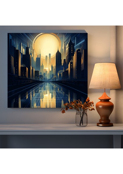 Moonlit Metropolis Tuval Baskısı Art Deco Tarzı Illüstrasyon, Fütüristik Şehir Manzarası, Şık Binalar, Ay Işığı, Tuval Baskısı, Duvar Sanatı modelleri