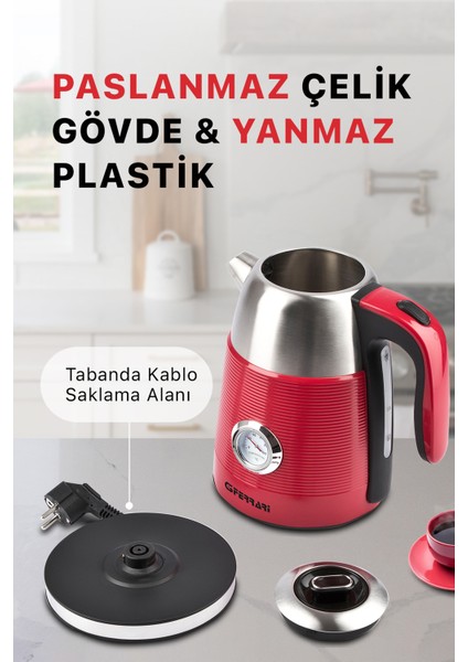 Duca Kırmızı 1.7l Retro, Hızlı Kaynatma Işlevli, Sıcaklık Göstergeli Çelik Su Isıtıcısı Kettle fiyatları