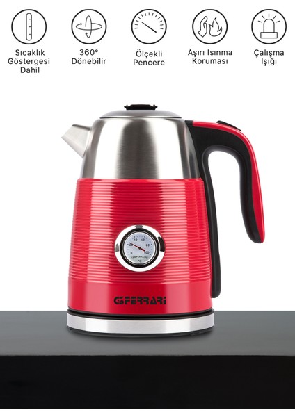 Duca Kırmızı 1.7l Retro, Hızlı Kaynatma Işlevli, Sıcaklık Göstergeli Çelik Su Isıtıcısı Kettle modelleri