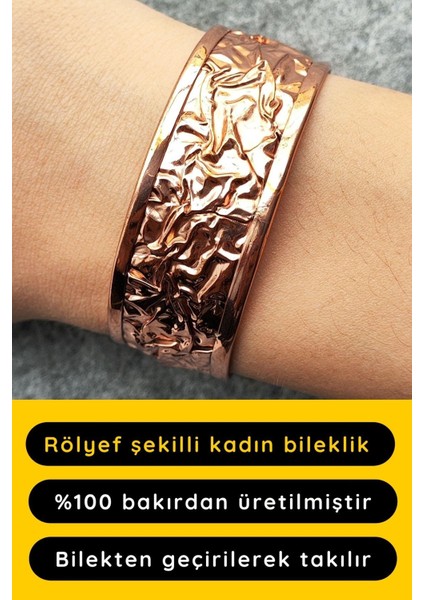 Bakır Renk Rölyef Desen Şekilli Kadın Bileklik El Yapımı Ayarlanabilir Bakır Bileklik