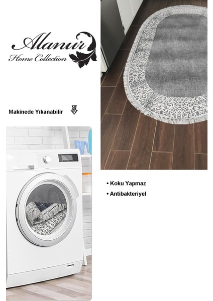 Dijital Mutfak Halısı Star Pamuk Kaymaz Taban Saçaklı Oval Modern Sequoia Gri