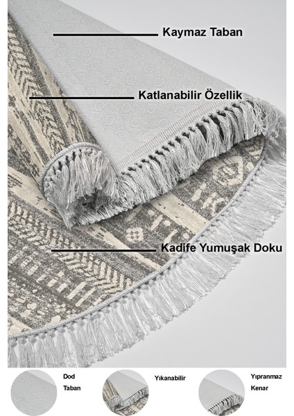 Dijital Mutfak Halısı Trend Keçe Kaymaz Taban Saçaklı Oval Iskandinav Ysabel Gri