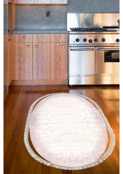 Dijital Mutfak Halısı Star Pamuk Kaymaz Taban Saçaklı Oval Modern Evelina Pudra