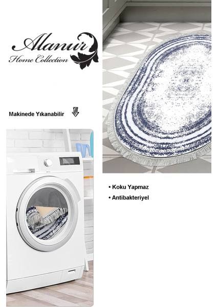 Dijital Mutfak Halısı Yıldız Deri Kaymaz Taban Saçaklı Oval Modern Mollie Lacivert modelleri