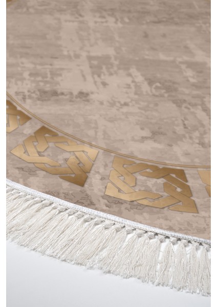 Dijital Mutfak Halısı Trend Keçe Kaymaz Taban Saçaklı Yuvarlak Modern Twyla Camel