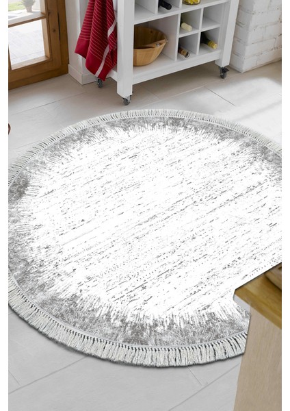 Dijital Mutfak Halısı Star Pamuk Kaymaz Taban Saçaklı Yuvarlak Modern Evelina Gri