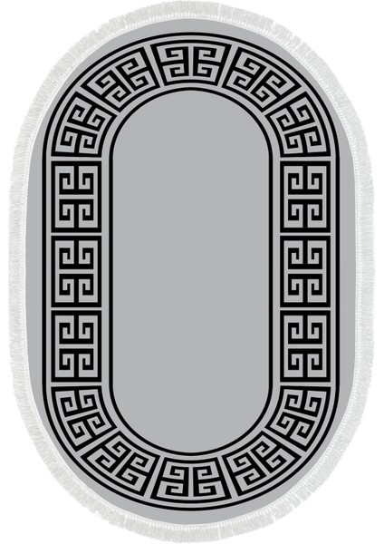Dijital Mutfak Halısı Trend Keçe Kaymaz Taban Saçaklı Oval Modern Penelope Gri