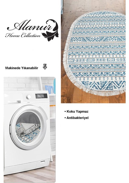Dijital Mutfak Halısı Trend Keçe Kaymaz Taban Saçaklı Oval Iskandinav Adelia Lacivert