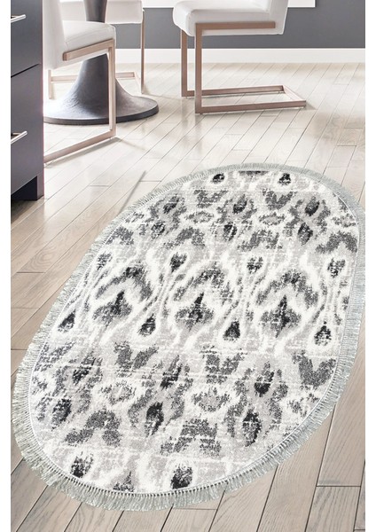 Dijital Mutfak Halısı Trend Keçe Kaymaz Taban Saçaklı Oval Iskandinav Annika Gri