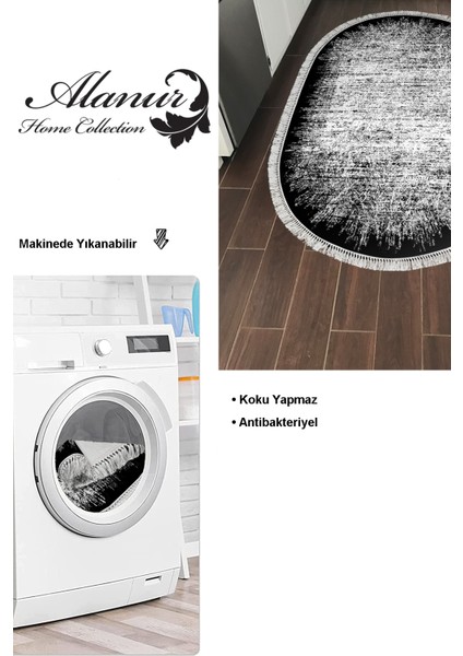 Dijital Mutfak Halısı Trend Keçe Kaymaz Taban Saçaklı Oval Modern Evelina Siyah modelleri