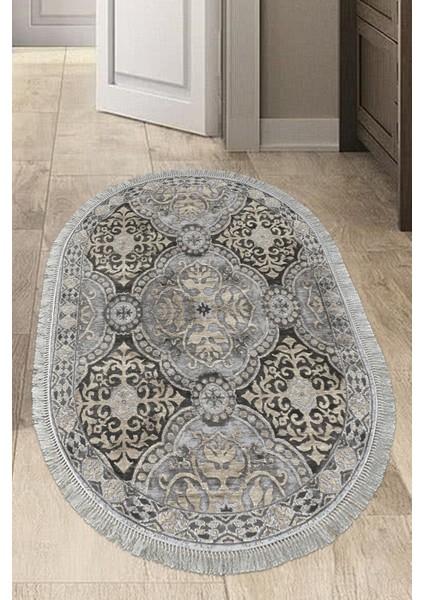 Dijital Mutfak Halısı Yıldız Deri Kaymaz Taban Saçaklı Oval Modern Osana Bej