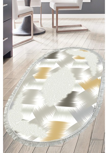 Dijital Mutfak Halısı Yıldız Deri Kaymaz Taban Saçaklı Oval Modern Cleo Krem