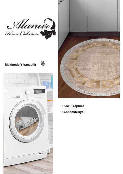 Dijital Mutfak Halısı Trend Keçe Kaymaz Taban Saçaklı Yuvarlak Modern Twyla Camel modelleri