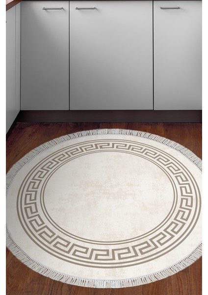 Dijital Mutfak Halısı Trend Keçe Kaymaz Taban Saçaklı Yuvarlak Modern Cassietta Krem