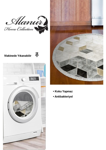Dijital Mutfak Halısı Trend Keçe Kaymaz Taban Saçaklı Yuvarlak Iskandinav Stephania Krem