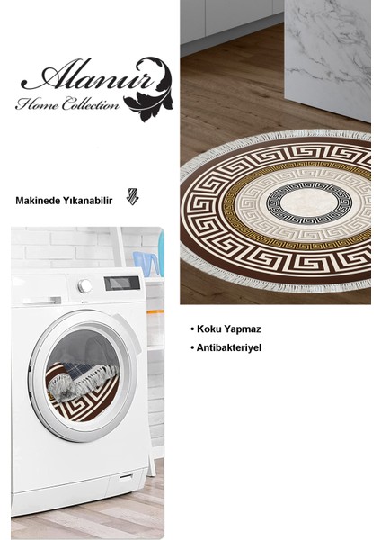 Dijital Mutfak Halısı Star Pamuk Kaymaz Taban Saçaklı Yuvarlak Modern Esmee Gold