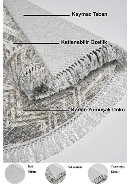 Dijital Mutfak Halısı Trend Keçe Kaymaz Taban Saçaklı Oval Iskandinav Mel Gri