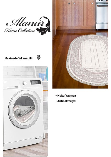 Dijital Mutfak Halısı Trend Keçe Kaymaz Taban Saçaklı Oval Modern Rana Pembe