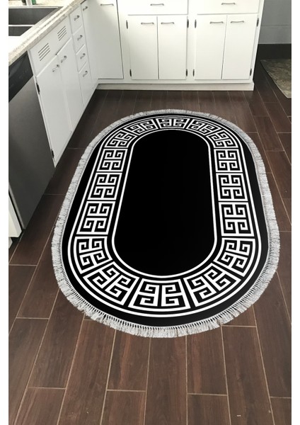 Dijital Mutfak Halısı Trend Keçe Kaymaz Taban Saçaklı Oval Modern Penelope Siyah