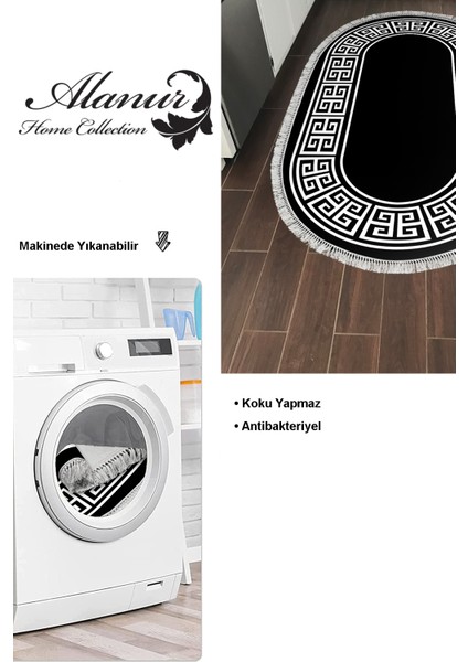 Dijital Mutfak Halısı Trend Keçe Kaymaz Taban Saçaklı Oval Modern Penelope Siyah