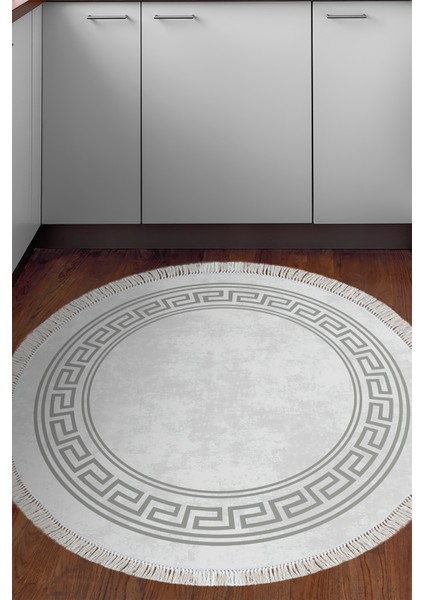 Dijital Mutfak Halısı Trend Keçe Kaymaz Taban Saçaklı Yuvarlak Modern Cassietta Gri