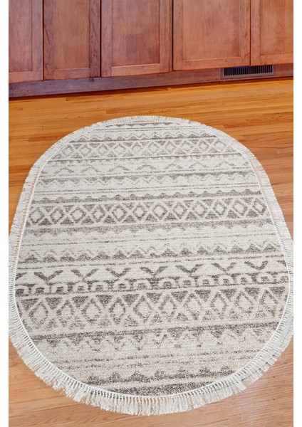 Dijital Mutfak Halısı Trend Keçe Kaymaz Taban Saçaklı Oval Iskandinav Mali Açık Kahve