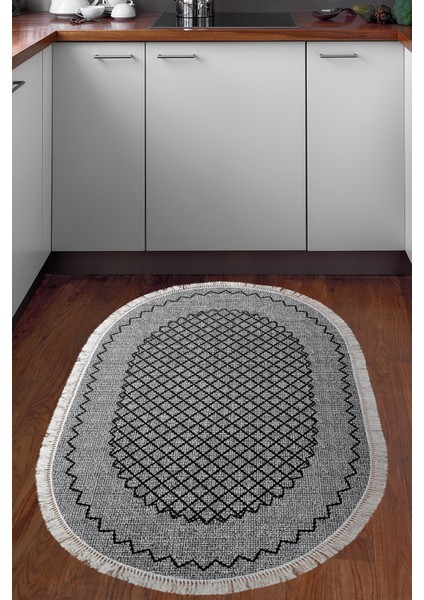 Dijital Mutfak Halısı Trend Keçe Kaymaz Taban Saçaklı Oval Modern Christie Gri