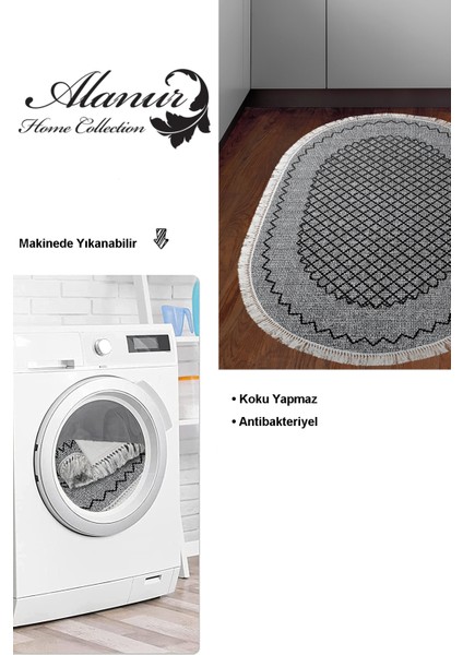 Dijital Mutfak Halısı Trend Keçe Kaymaz Taban Saçaklı Oval Modern Christie Gri modelleri