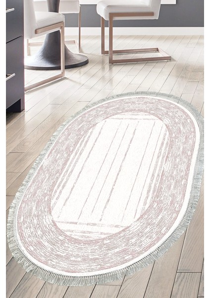 Dijital Mutfak Halısı Yıldız Deri Kaymaz Taban Saçaklı Oval Modern Rana Pembe