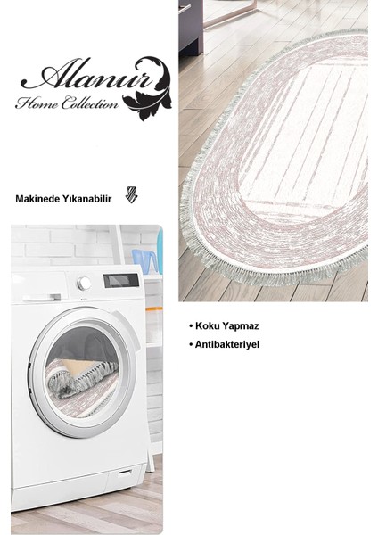 Dijital Mutfak Halısı Yıldız Deri Kaymaz Taban Saçaklı Oval Modern Rana Pembe