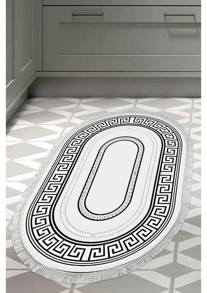 Dijital Mutfak Halısı Yıldız Deri Kaymaz Taban Saçaklı Oval Modern Carmel Gri